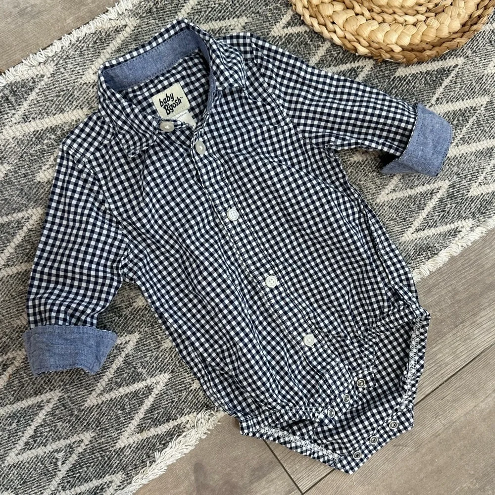 Oshkosh B’Gosh Baby Boy Navy White Gingham Checkered Button-Front Bodysuit